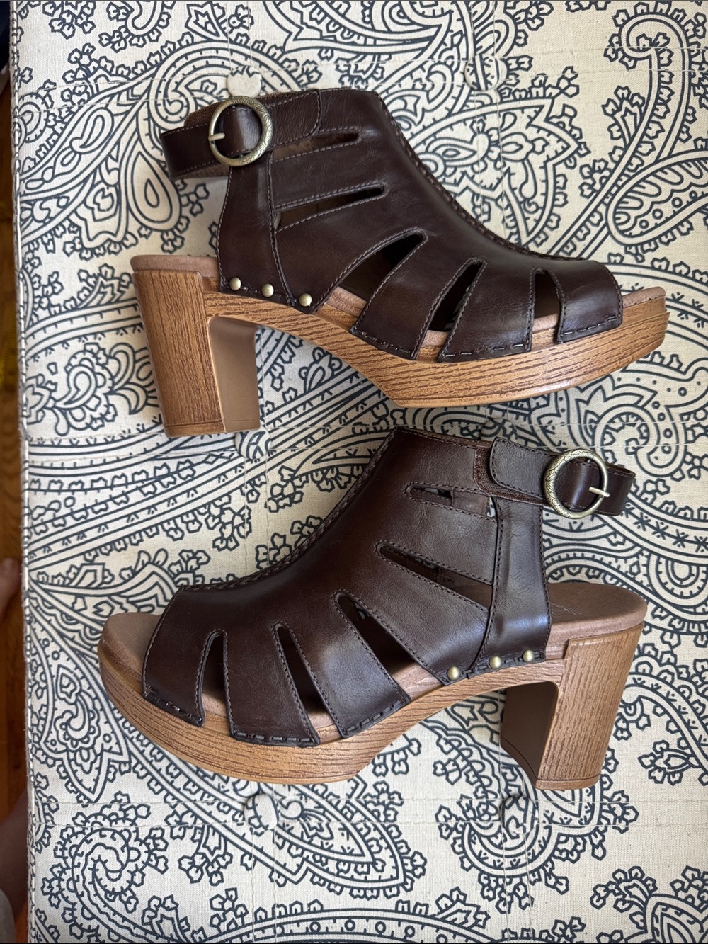 Dansko Dark Brown Leather Cutout Buckle Heels NWOT